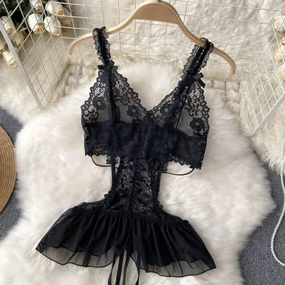 Sexy Lace Strap Jumpsuit Slim Fit Transparent Women's Pajamas Halter Playsuit Erotic Lingerie Catsuit Backless Hollowed Bodysuit