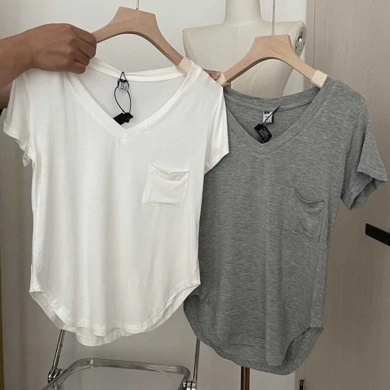 Women's Solid Color T-Shirt Summer Thin Fashion V-Neck Short Sleeve Loose Tees Casual Korean Soft Basic Top For Women