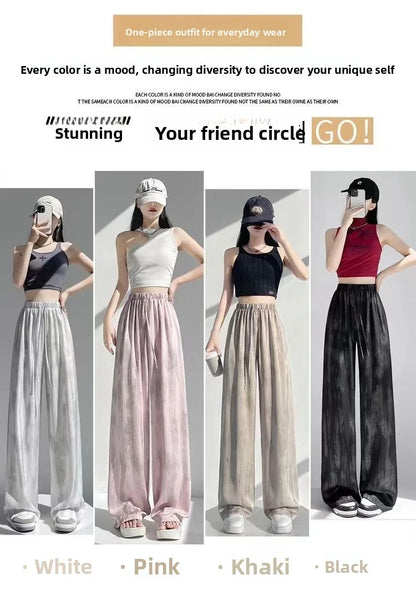 Summer Thin Ice Silk Satin Dyed Wide Leg Pants Women Loose Casual Drape High Waist Slimming Pants Ins Straight Leg Elastic Wa...