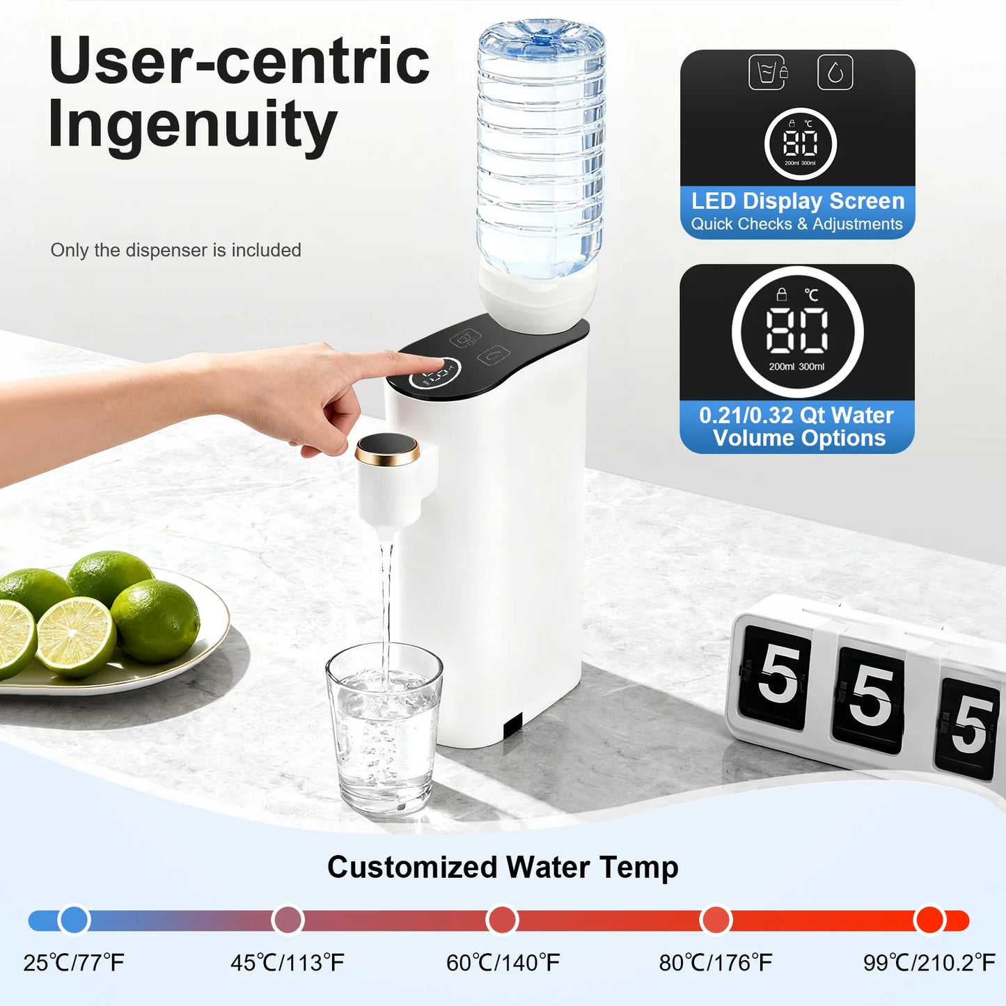 White Instant Hot Water Dispenser 5 Temperature Settings 1500W LED Display Portable Water Warmer 3 Usage Modes Countertop Baby Bottle Warmer Formula Maker Mineral Bottled Water Dispenser US Three pin Plug