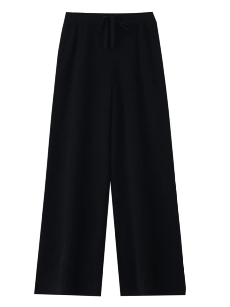 Chic Wide-Leg Pants Women's Autumn Winter Solid Color 100% Merino Wool Knitted Casual Loose Soft Thick Warm Popular Trousers