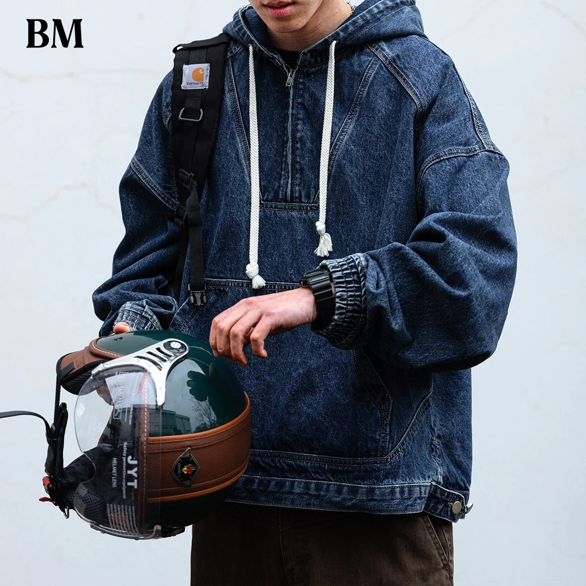 Mens Hooded Denim Jacket American Vintage Heavyweight Washed Distressed Loose Fit Streetwear Pullover Workwear Casual Trendy