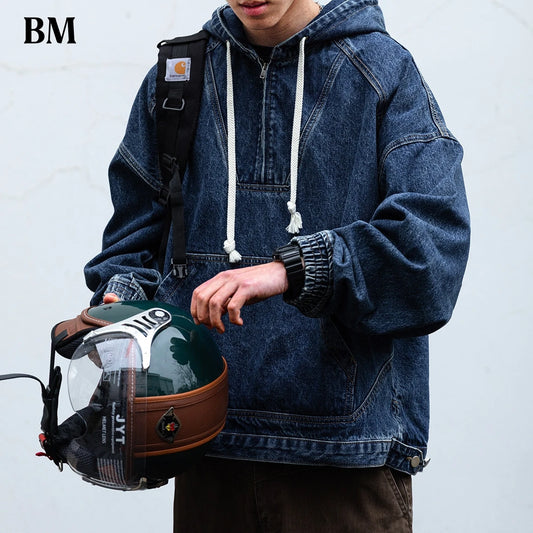 Mens Hooded Denim Jacket American Vintage Heavyweight Washed Distressed Loose Fit Streetwear Pullover Workwear Casual Trendy