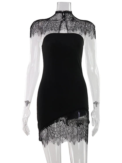 Ahagaga Sexy Women's Mini Dresses Solid Patchwork Lace Slash Sleeveless Sheath Bodycon Sheer Regular Casual Streetwear Vestidos