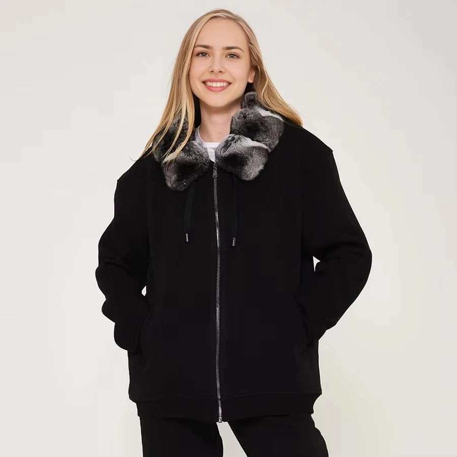 Women Hoodie Jacket With Real Chinchilla Rabbit Fur Collar Lady's Sweatshirt Streetwear Zip Up Luxury Hoody Zipper Genuine