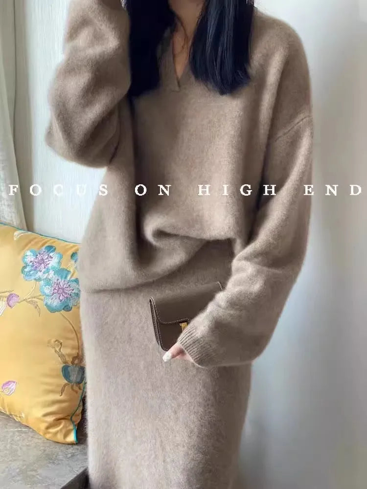 100% cashmere suit a solid-color POLO collar loose sweater and a mid-length skirt a two-piece set