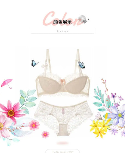 Sexy French Lace Push Up Bra Set for Small Chest, Anti Sagging Half Cup Demi Bra & Panty Lingerie Set, Sheer Adjustable Straps