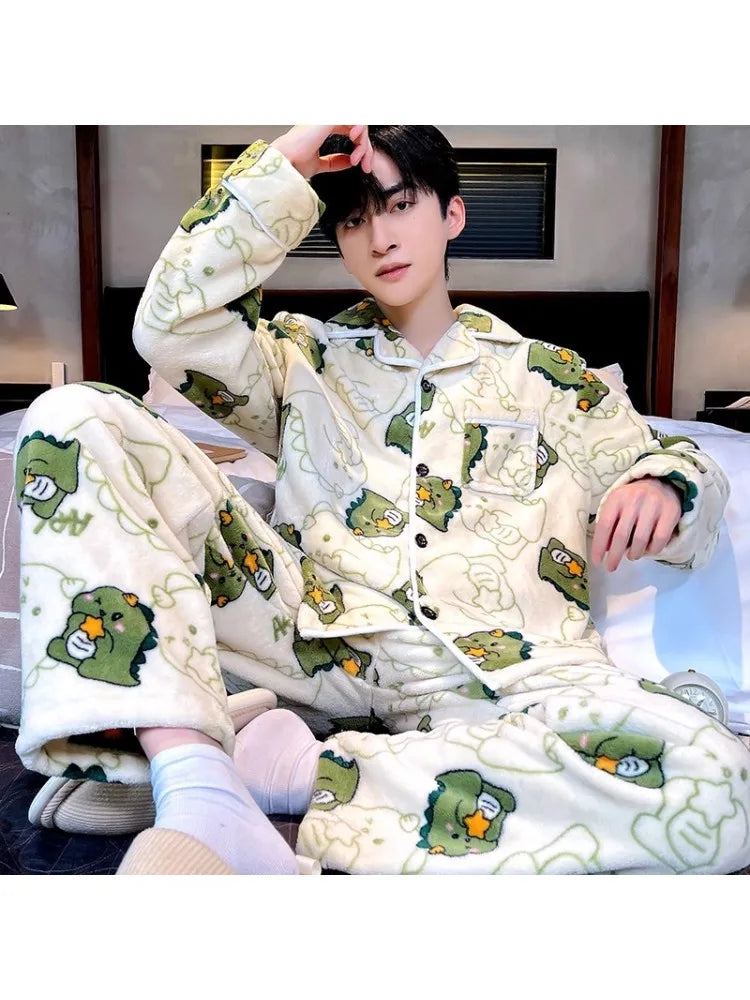 Winter Thickened Coral Fleece Sleepwear Men's Set Fleece Lined Long Sleeve Flannel Home Clothes Loose Fit New 2026 Style