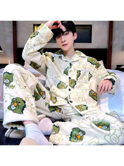 Winter Thickened Coral Fleece Sleepwear Men's Set Fleece Lined Long Sleeve Flannel Home Clothes Loose Fit New 2026 Style