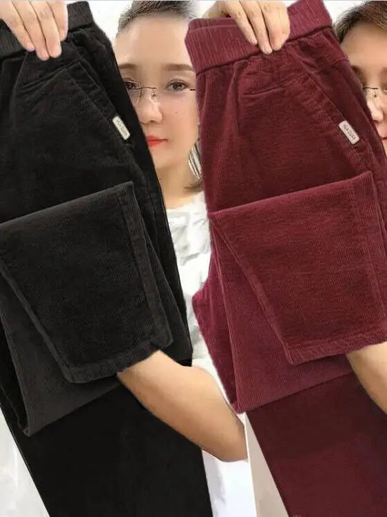 Autumn Winter Thickened Corduroy Casual Harlan Pants for Mom High Waist Loose Fit Straight Leg Casual Outerwear Polyester Fiber