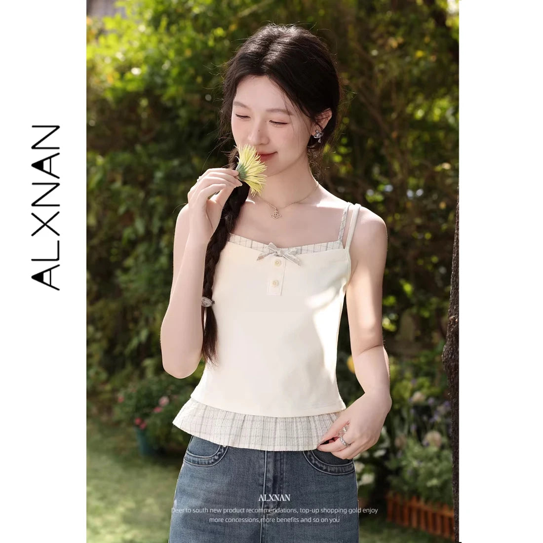 ALXNAN Cream Yellow Plaid Spliced Camisole Women 2026 Summer Elegant Sweet Beach Sleeveless Tops Casual Bow Design Camis L62323