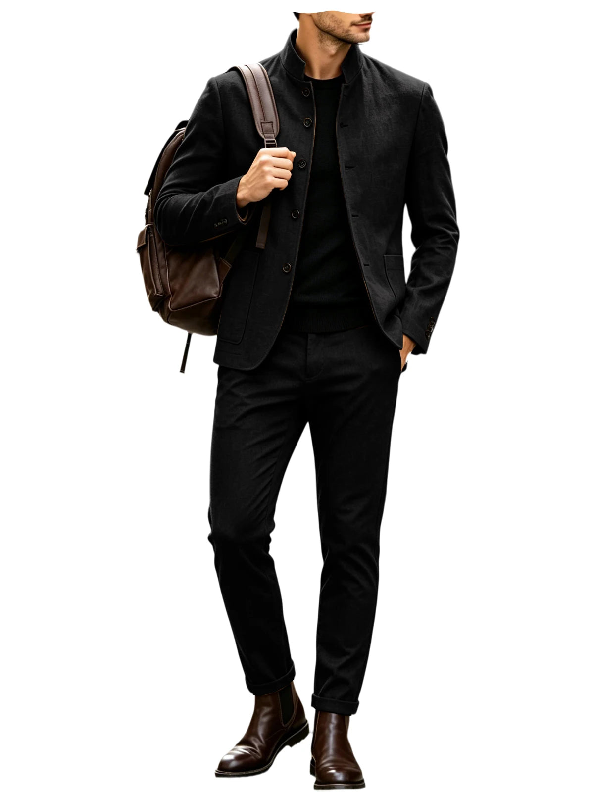 Men's Linen Stand Collar Suit 2-Piece Blazer & Pants Set Slim Fit Business Casual Tuxedo Jacket Trousers Formal Wedding Outfit
