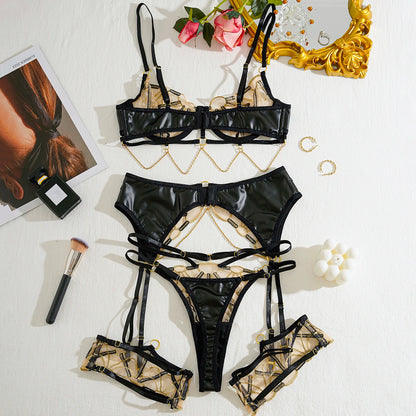 Ladies Sexy Luxury Gothic Costume Carnival Set Exotic Fashion Hollow Out Lace Transparent Erotic Lingerie Panties 4 Piece Set