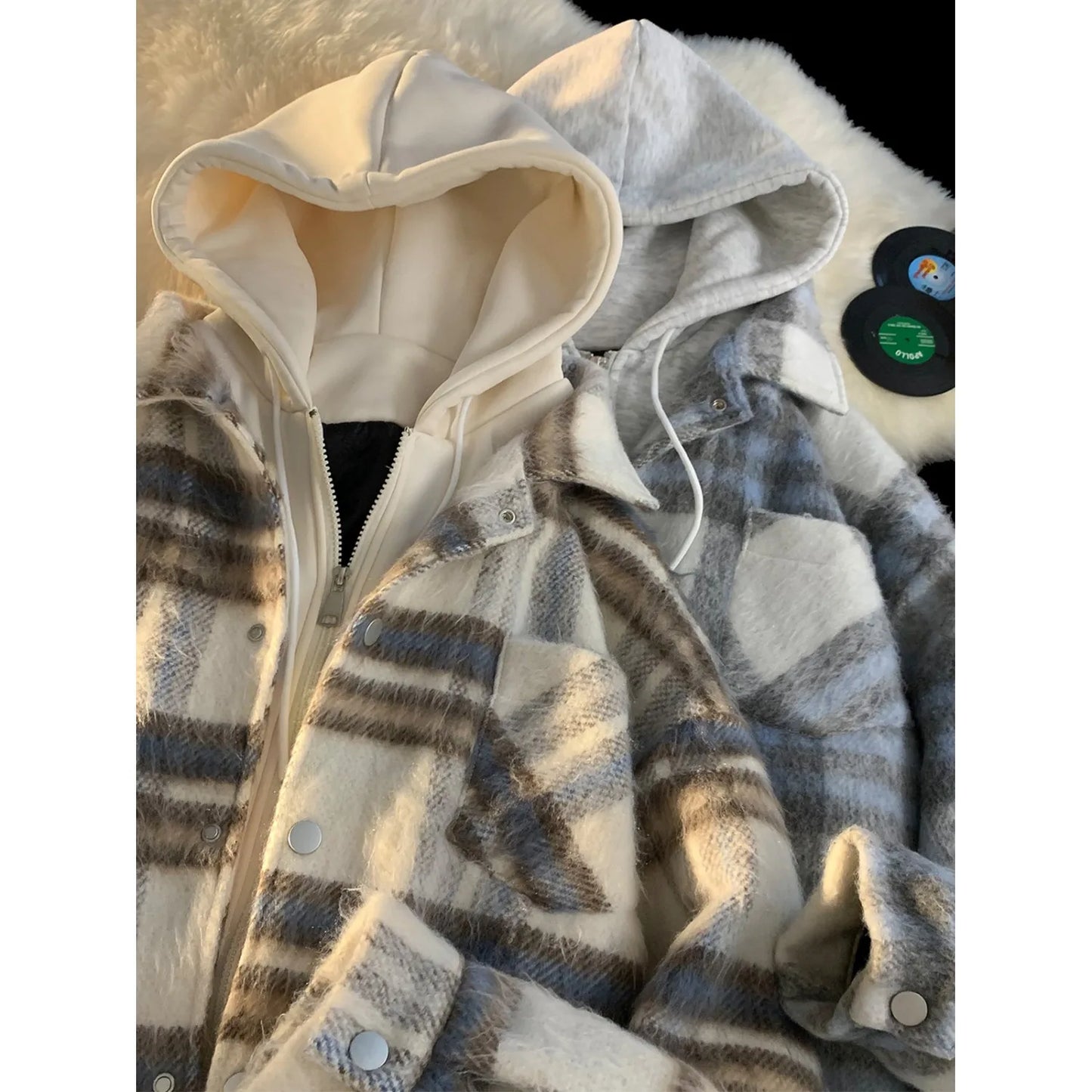 American Fake Two Piece Checker Coat Men's Autumn and Winter New China-Chic Warm Retro Woolen Hoodie