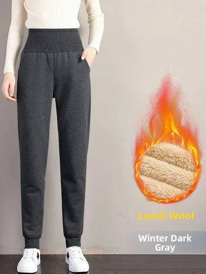 plus Size Fleece Lined Thickened Lamb Velvet Casual Slim Fit Pants Winter New Loose Warm Slimming Straight Leg Sweatpants