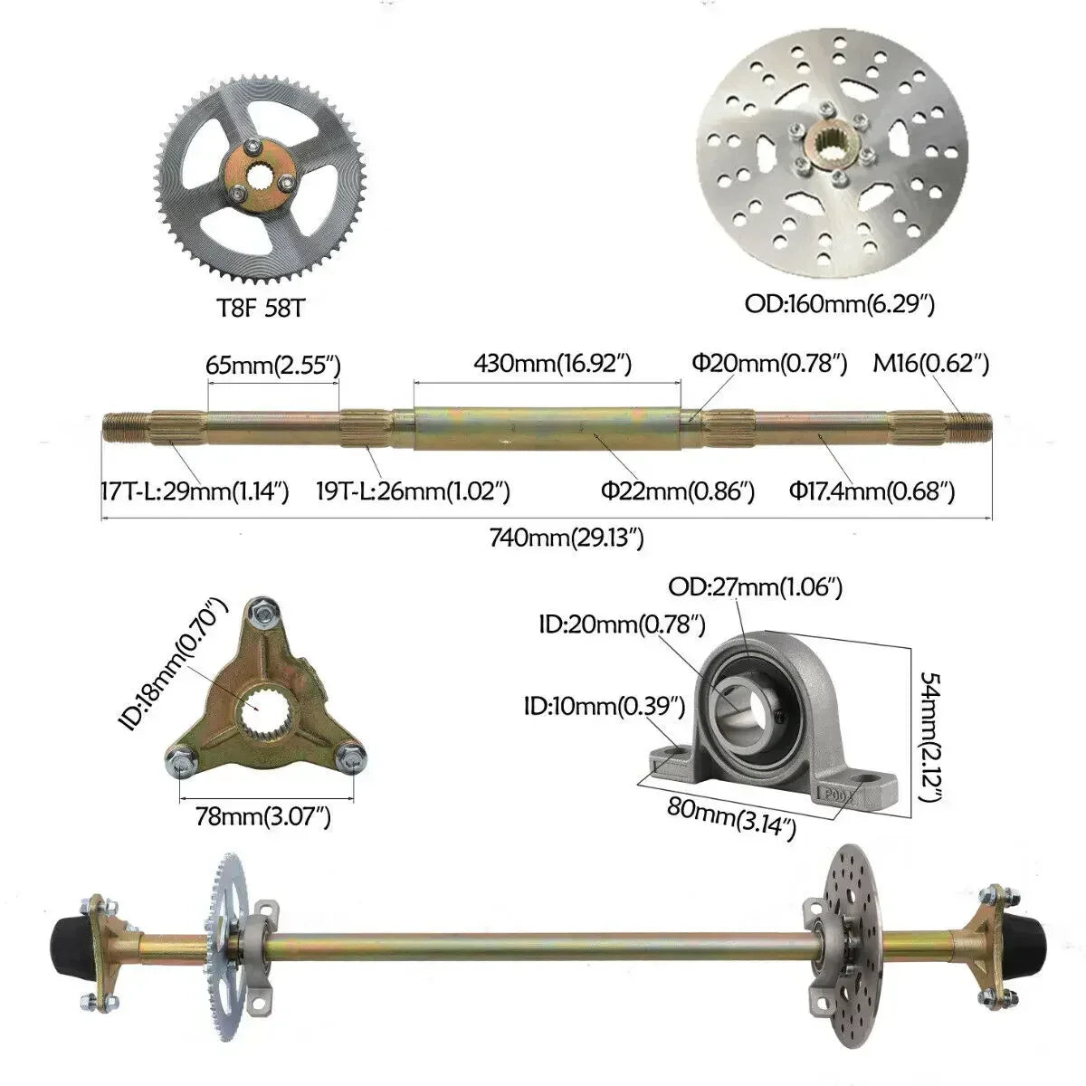 29" Go Kart DIY Drift Trike Rear Axle Kit+4x145/70- 6" Inch Wheel Tyre Rim+ Front Steering Assembly Tie Rod for Quad Buggy