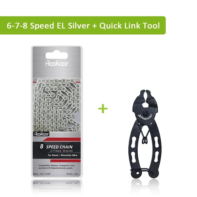 Rookoor Bicycle Chain 6 7 8 9 10 11 Speed Velocidade Titanium Plated TI Gold Silver Mountain Road Bike MTB Chains Part 116 Links