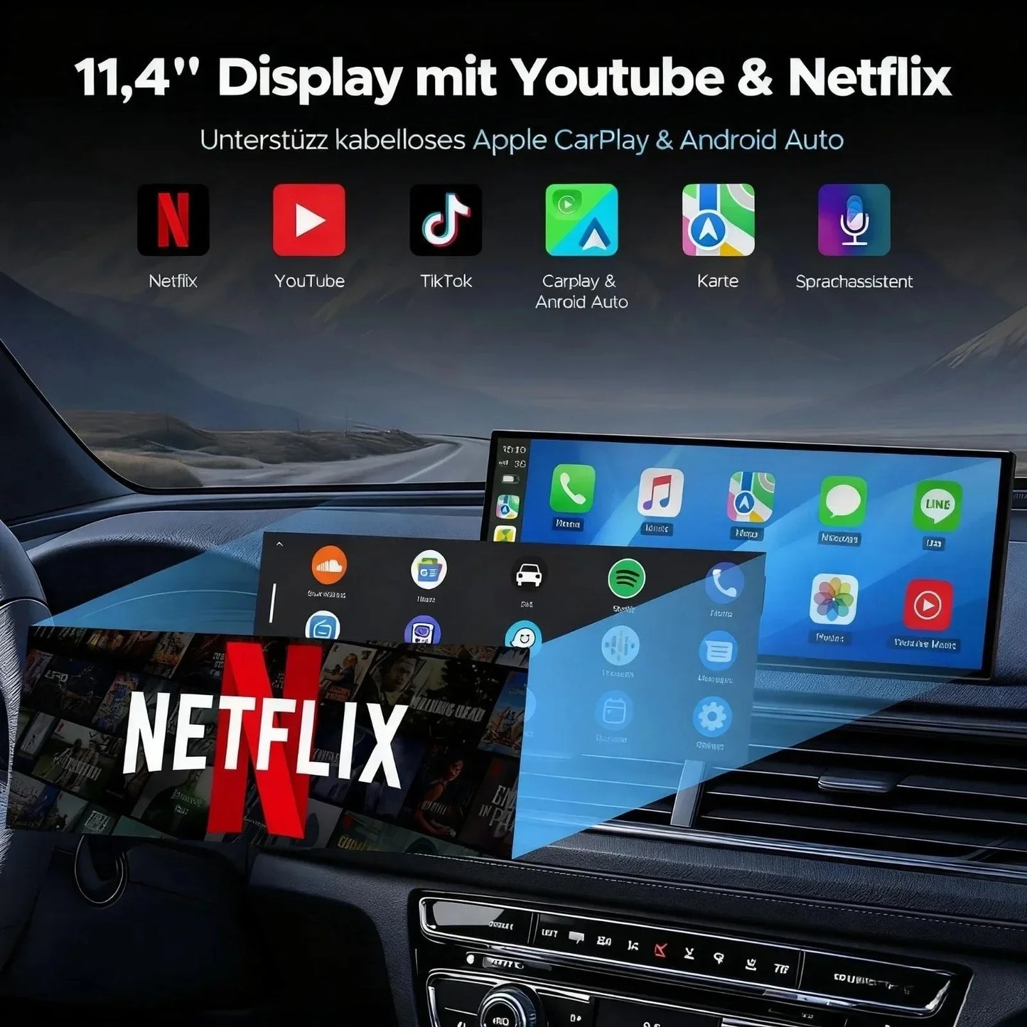 Ottocast Ai 11.4" Wireless Carplay Screen Android 15 Car Radio Multimedia Video Split-screen For Netflix YouTube Play Store