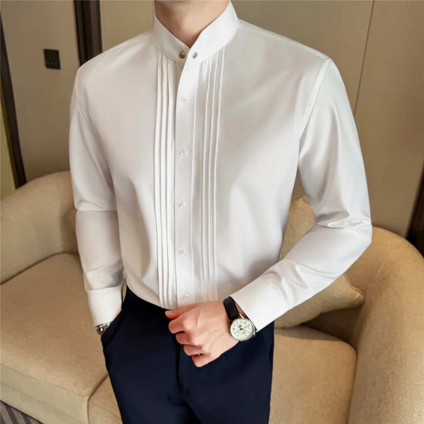 Men Shirt Stand Collar Business Solid Color Casual Slim Fit Long Sleeved Formal Dress Shirt Groom Wedding Party Men Clothing