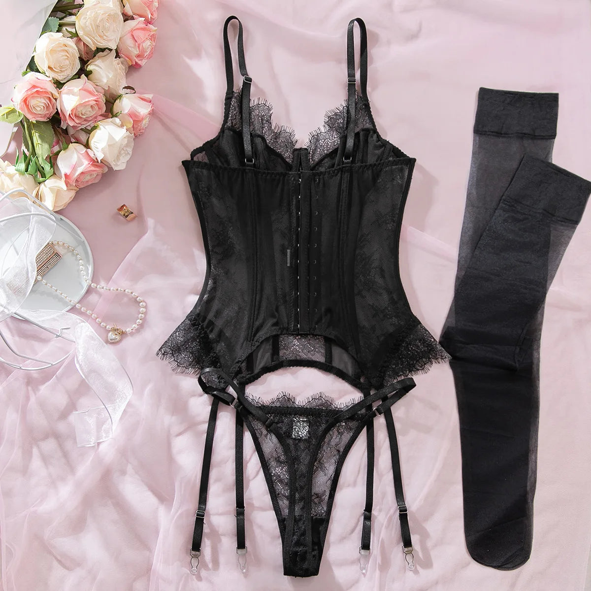 Willowy Women's Lingerie Sets Sexy Corset Bra Thong 2PC with Stockings Sheer Outfits Sissy Girl's Intimate Underwear