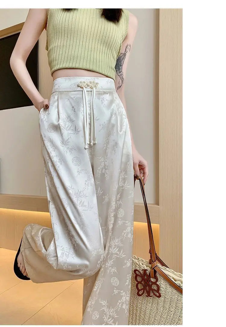 High Waist Loose Straight Pants with Button Knot Pocket New Chinese Style Satin Wide Leg Pants Spring Summer Trousers Pink Black