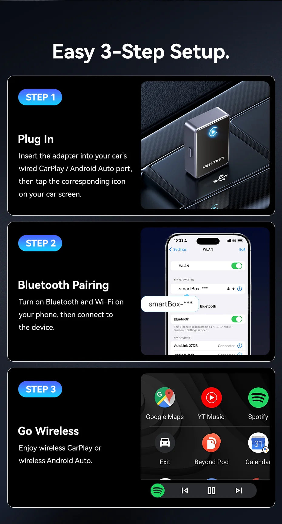 Vention 2in1 Wireless CarPlay Adapter Android Auto For OEM Car Plug and Play AI Smart Box WiFi Bluetooth Auto Connection