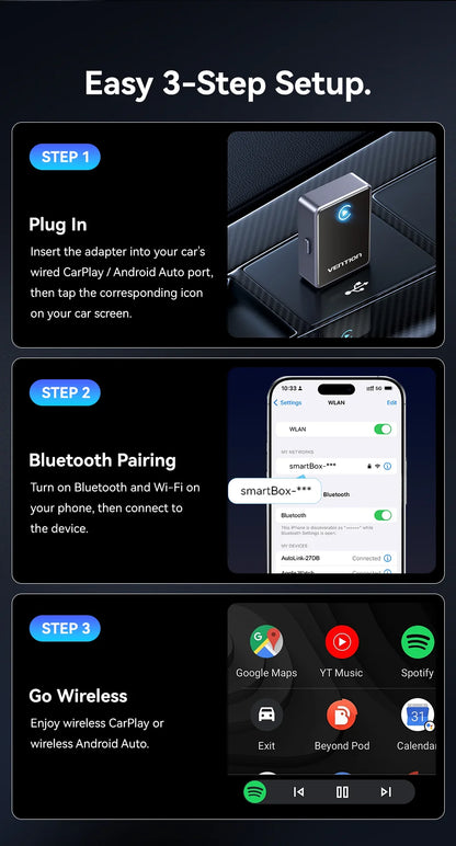 Vention 2in1 Wireless CarPlay Adapter Android Auto For OEM Car Plug and Play AI Smart Box WiFi Bluetooth Auto Connection