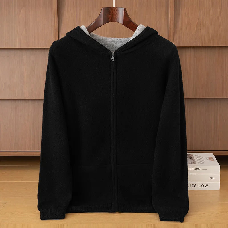 Double-Sided Cashmere Hooded Cardigan For Men Autumn And Winter Wearing Sweater Thickened Pure Wool Knitted Loose Zipper Coat