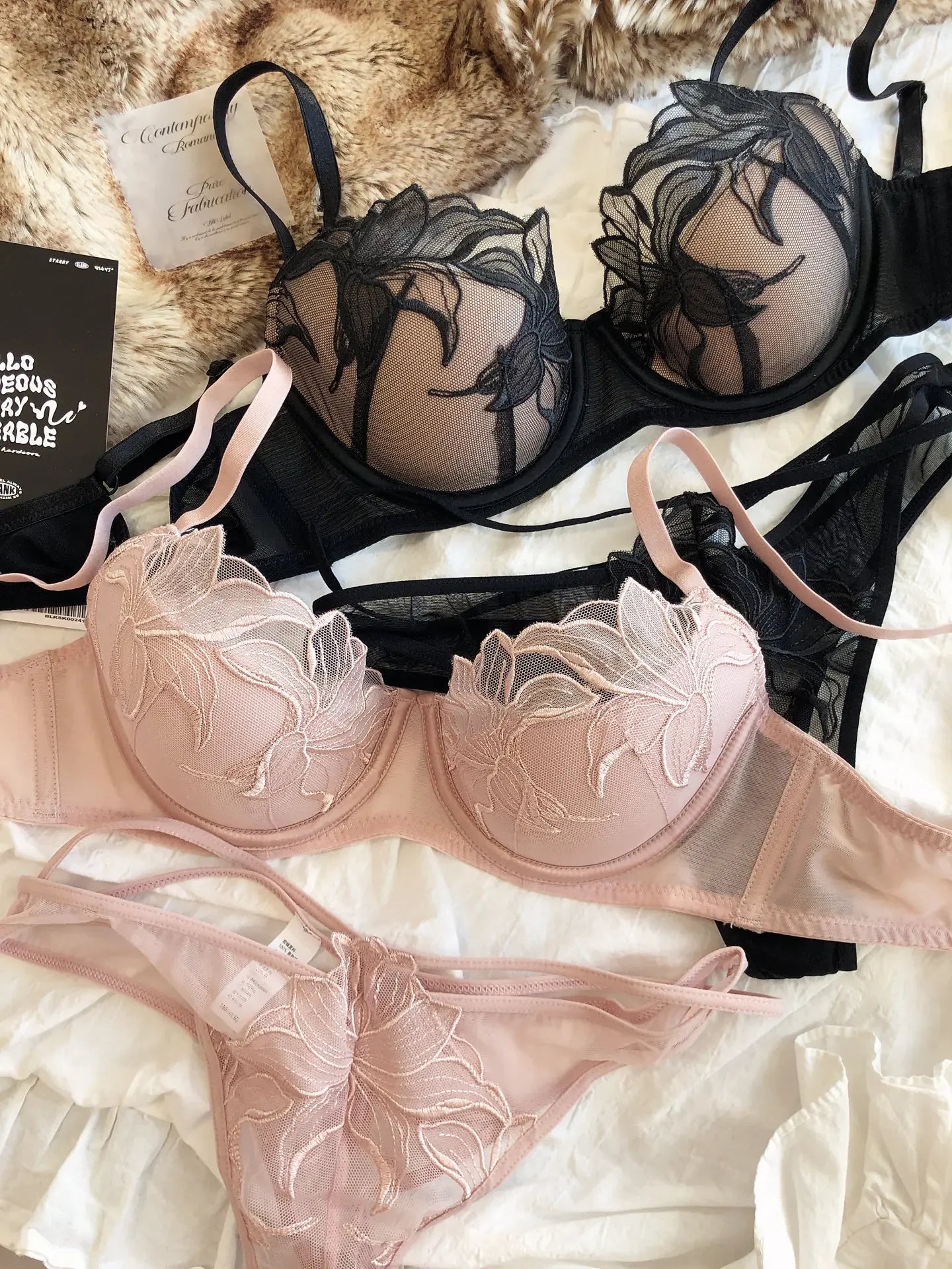 2 Pcs Sexy Lace Flowers Embroidery Underwear Set for Women Thin Cup Push Up Bra French Hollow Waist Bandage Thongs Lingerie Set