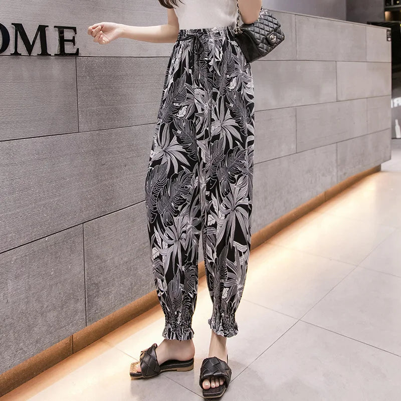 Summer Casual Loose Wide Leg Pants Women's Tie Dye Ink Ice Silk Loose Leopard Print Ethnic Style Long Pants Casual Trousers