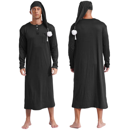 Mens Solid Color Long Sleeve Sleep Robe with Night Cap Round Neck Big & Tall Nightshirts Home Loungewear Pajamas Sleepwear