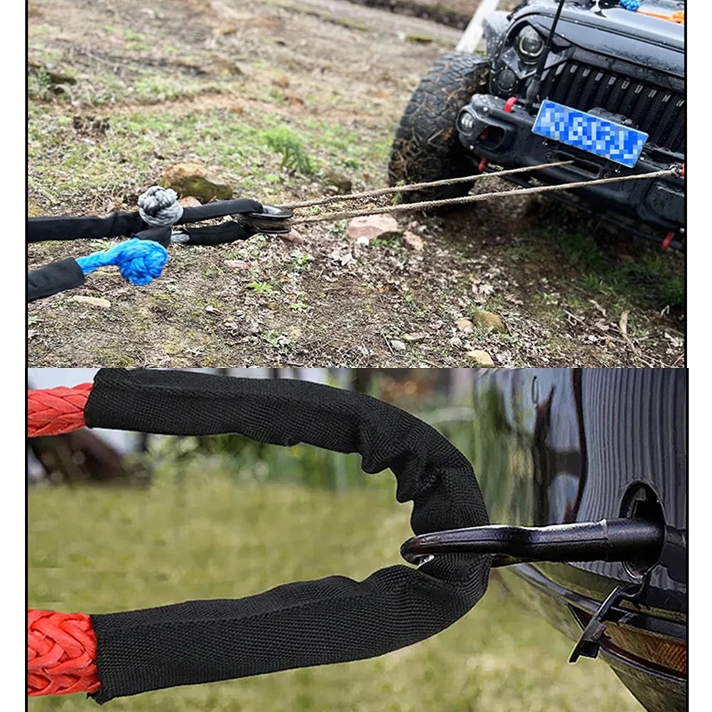53000lbs Winch Rope Synthetic Soft Shackle+Recovery Ring Set Rugged Shackles With Protective Sleeve for Truck Vehicle Recovery