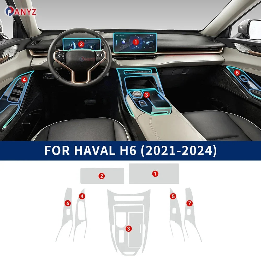 For Haval H6 3rd Gen 2021-2024 Car Center Console Navigation Dashboard Gear Door Window Panel Interior Film Tpu Transparent LHD