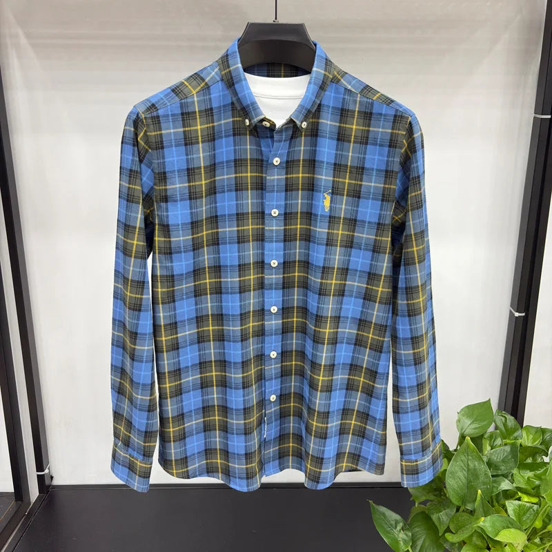 Embroidered Cotton Long Sleeved Shirt for Men in Spring and Autumn, New Plaid Shirt for Casual and Loose Fit, Business Men