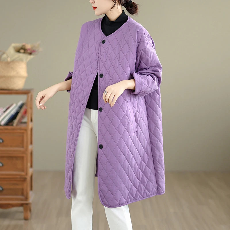 Korean Japanese High End plus Size Cotton Jacket Women's Casual Versatile Diamond Pattern Mid-Length  Color round Neck Coat