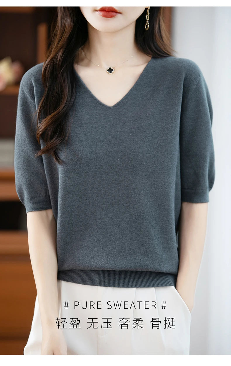 Thin Worsted Wool Short-Sleeved Women's Loose Round Neck T-shirt Printed Summer Fashion Knitted Bottoming Shirt Half-Sleeved