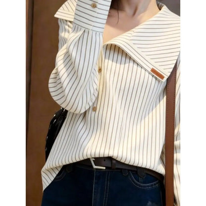 Elegant Unique Stylish Spring 2026 Casual Shirt Design Sensation  Personality Long Sleeve Striped Navy Collar Loose Fit