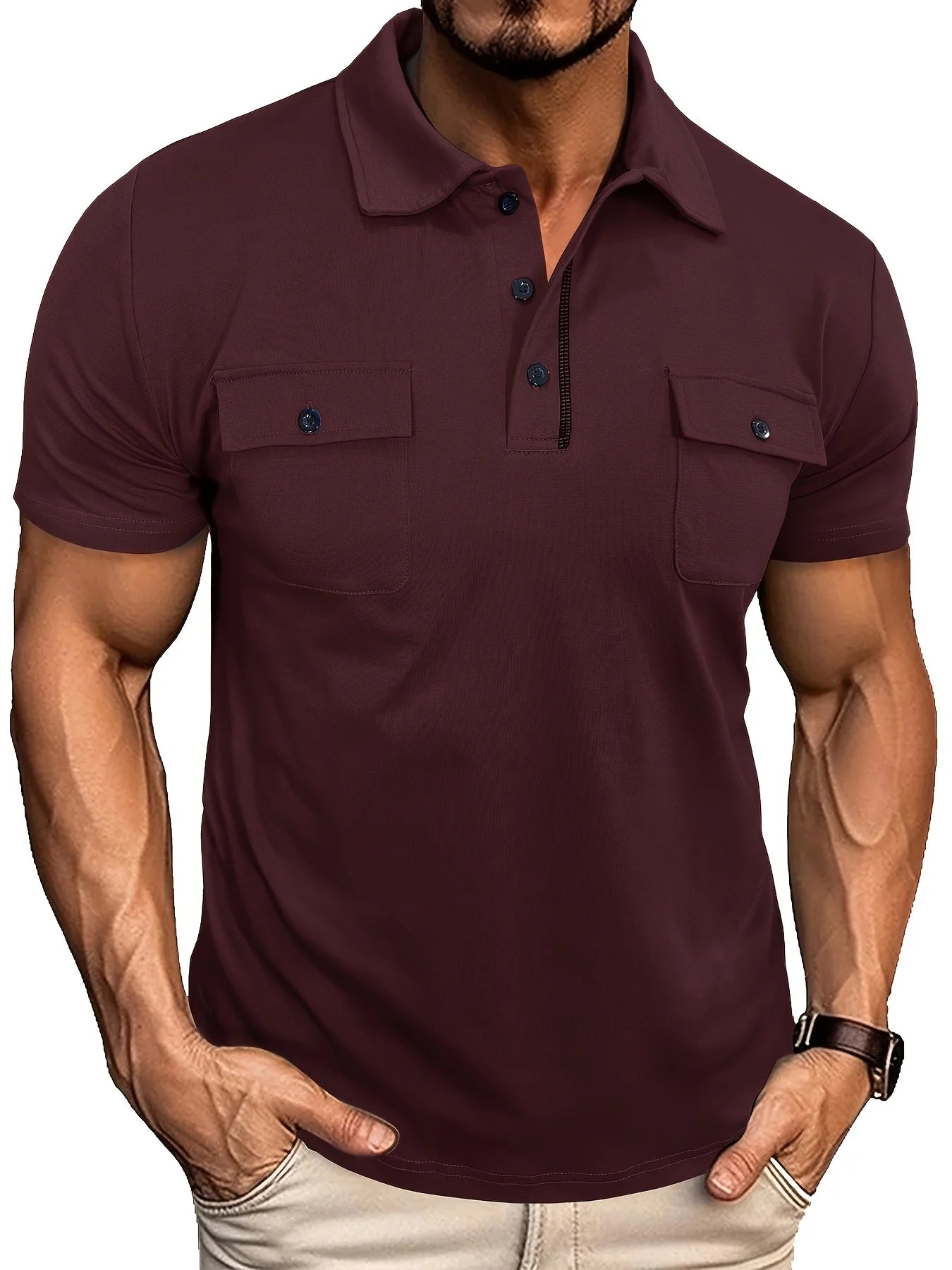 Summer Men's Short-Sleeve Polo Shirt Casual Solid Color Turn-Down Collar T-Shirt Pullover Top Henley Shirt with Pockets