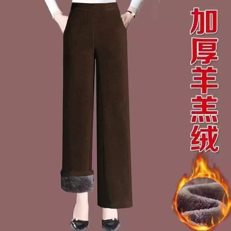 High Quality Fleece Lined Wide Leg Pants Thickened Corduroy Straight Cut Casual Trousers for Women Winter 2025 Warmth Elastic...