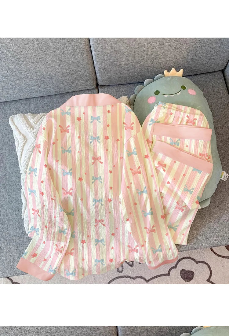 Girls Stripe Sleepwear Women's  Knot Star Long Sleeve Long Pants Korean Style Sweet Crepe Home Clothes Set