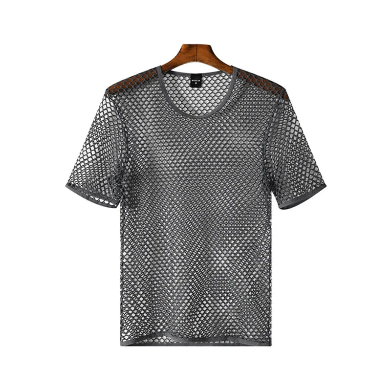 Men's Fishnet Mesh T-Shirt See Through O-neck Short Sleeve Hollow Out Tops Breathable Streetwear Nightclub Party Sheer T Shirts