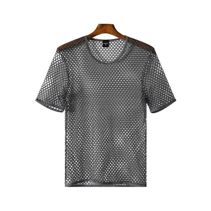 Men's Fishnet Mesh T-Shirt See Through O-neck Short Sleeve Hollow Out Tops Breathable Streetwear Nightclub Party Sheer T Shirts