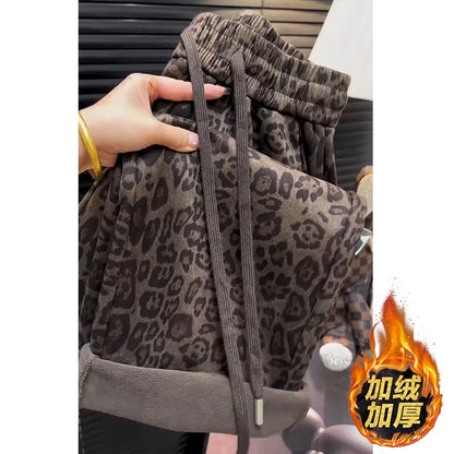 High Waist Thickened Fleece Lined Leopard Print Casual Pants Women Straight Leg Wide Leg Pants Trendy plus Size Korean Style