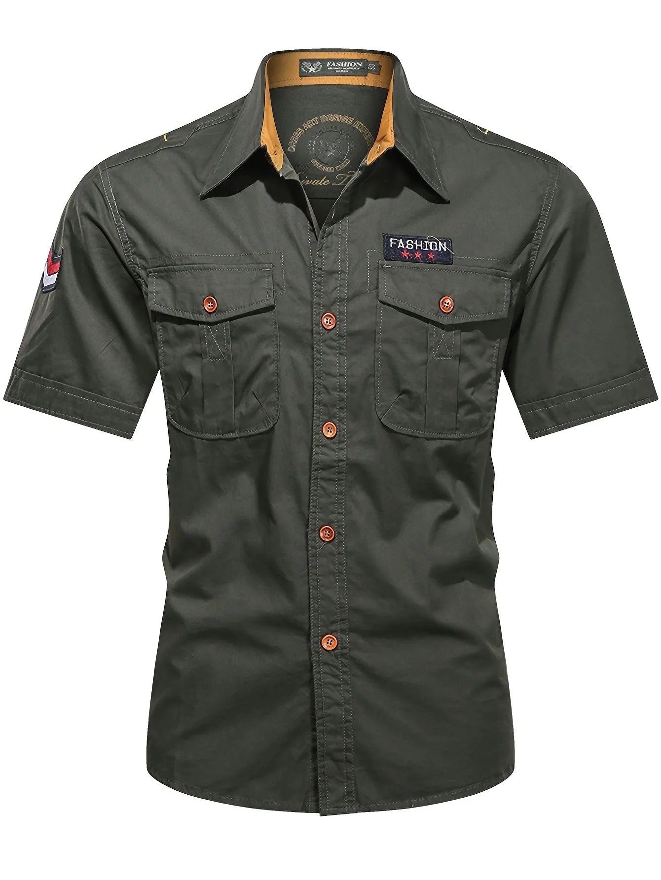 Men's military-style short-sleeved shirt, 100% cotton, multi-pocket design, lightweight and comfortable