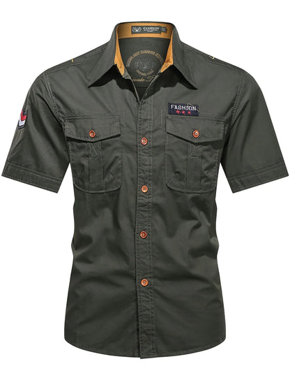 Men's military-style short-sleeved shirt, 100% cotton, multi-pocket design, lightweight and comfortable