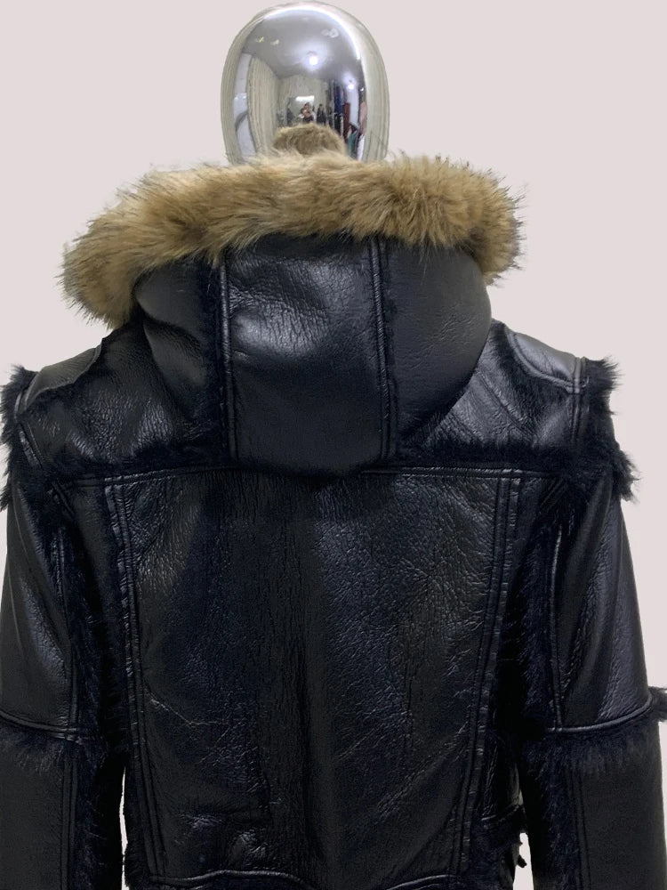 Mauroicardi Winter Cool Short Black Thickened Warm Hairy Soft Faux Sheepskin Coat with Hood Zipper Long Sleeve Fluffy Jacket