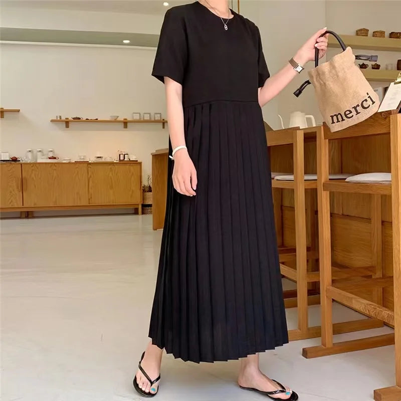 Elegant Short Sleeve Midi Dress for plus Size Women Summer Loose Slimming T-Shirt Long Skirt High Waist Pleated Dress