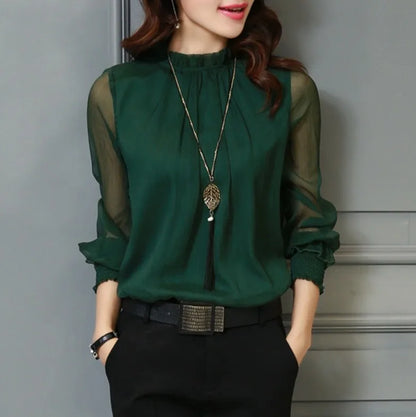 Spring Summer New Style Sexy Large Size Fashionable Mesh Chiffon Top with Lace Trim Stand Collar Base Shirt Women's Top