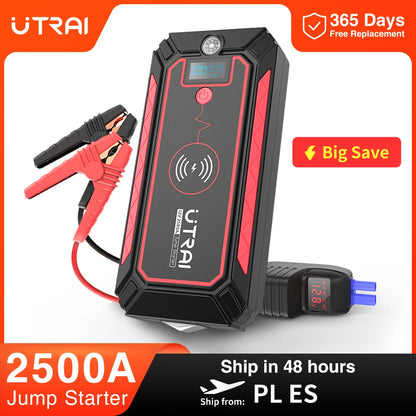 UTRAI 2500A Car Battery Starter Portable Power Bank 10W Wireless Charger LED Light Safety Hammer Car Jump Starter