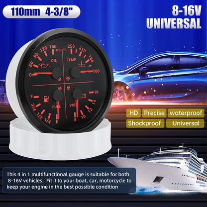 110mm 4 In 1 Gauge 0-150PSI / 0-10BAR Oil Pressure Gauge Water Temperature Fuel Level Voltmeter Light Alarm for Car Boat Yacht